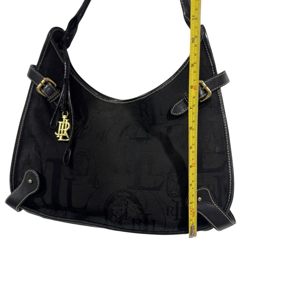 LRL Lauren Ralph Lauren Black Shoulder Bag Signature Logo Canvas Buckles Flawed - Picture 4 of 13